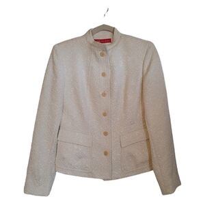 Anne Klein Blazer Size 4 Beige Button Up Embossed Long Sleeve Pockets